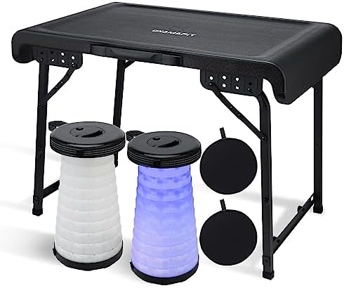 OXAMAFIT Portable Table and Stools Set, Folding Table and Telescopic Stool with Light and Adjustable Strap, Fold-in-Half Foldable Set for Camping,Picnic,BBQ,Party,Travel and Indoor Use-Black