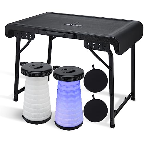 Oxamafit Portable Table And Stools Set, Folding Table And Telescopic Stool With Light And Adjustable Strap, Fold-In-Half Foldable Set For Camping,Picnic,Bbq,Party,Travel And Indoor Use-Black #TOP15