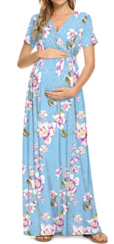 Xpenyo Women's Floral Maternity Dresses Summer Casual Short Sleeve V Neck Wrap Long Maxi Dress Pregnancy Clothes For Baby Shower, Photoshoot, Party, Daily, Nursing, Flower Light Blue L #TOP1