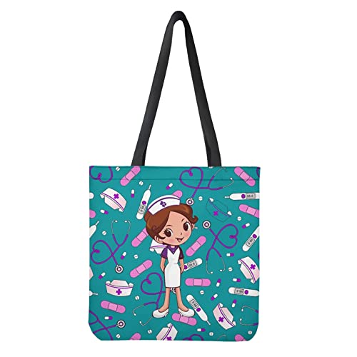 Dolyues Bolsas de lona para mujer con bolsillo Bolsas de comestibles reutilizables de gran capacidad, Patrón de enfermera., Large Cover