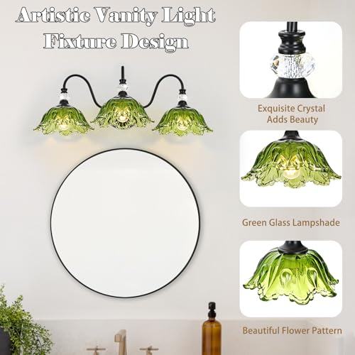 Image of Black Bathroom Vanity Light,3-Light Vanity Light with Floral Green Glass Shades,Vintage Farmhouse Wall Mount Lighting for Bathroom, Dressing Table