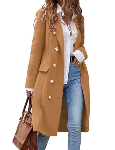 IDEALSANXUN Langer Damenmantel aus Wolle für Herbst und Winter, Trenchcoat, trendige Jacken, CAMEL, Medium