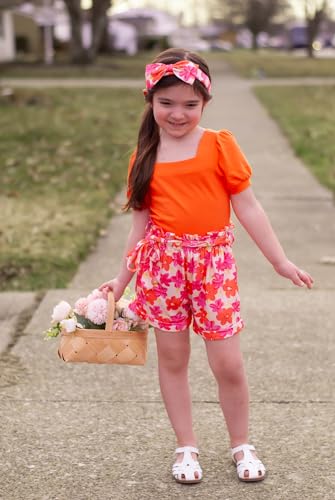 Image of Arshiner Toddler Girls 3 Piece Outfit Set Puff Sleeve Square Neck Top with Shorts and Matching Headband Summer Clothes 2T-8Y