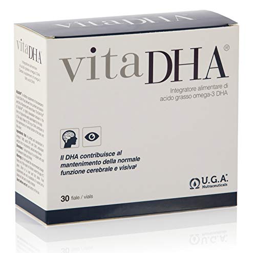 VitaDHA omega 3 liquido | Omega-3 DHA ad alto dosaggio 1450mg | Olio di pesce liquido | Distillazione molecolare | Aroma naturale di limone | 30 fiale monodose x 6.5ml