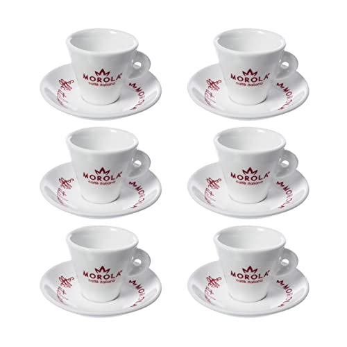Morola Lot de 6 tasses à café expresso en céramique avec soucoupe subtile - 80 ml blanches - Tasse Espresso