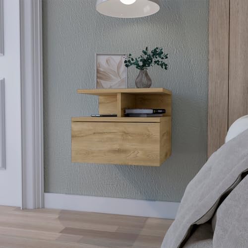 RiouPsithuric Mesita de Noche Flotante de 2 Niveles con Estante y 1 cajón, montada en la Pared, de Madera de Macadamia, Que Ahorra Espacio. Ideal para dormitorios pequeños.