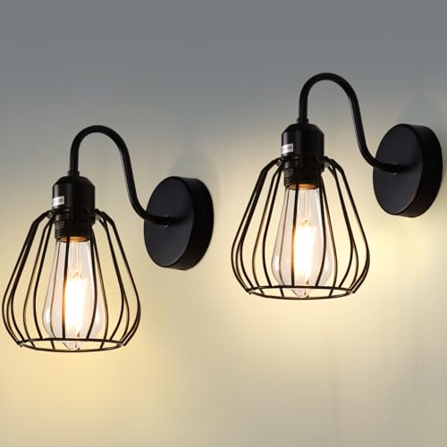 MantoLite 2Pcs Gabbia Illuminazioni per Pareti, Industriale Applique Lampada E27 Nero Illuminazione Bagno Luci Specchio Faretti da Muro Interni Applique Da Parete Soggiorno(Lampadina Non Inclusa)
