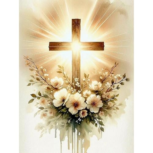 Yezavesu Religious Cross Diamond Art Kits for Adults, Jesus Christ Cross 5D Diamond Painting Kit for Beginners, DIY Round Full Drill Painting with Gem Art Craft Kits for Home Wall Decor 12x 16 Inch