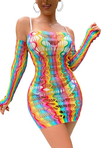Mingnos Minikleid Netzkleider Damen Sexy Durchsichtiges Dessous Mesh Kleid Partykleid Ärmellos Netzoberteil Netz Tops mit Handschuhen Rave Festival...