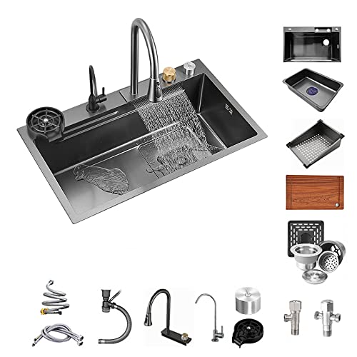 Fregadero de cocina de acero inoxidable con grifo de toque retráctil y lavavasos LWX