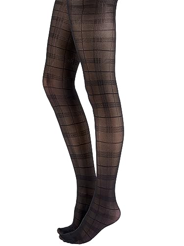 Women's Tartan Pattern Tights- sustainable yarn tight with checkered pattern, sheer black, Black (Black), One Size (Fits L-2XL)