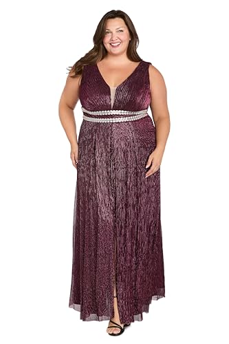 Image of R&M Richards Women's Pleated Maxi Dress W /Illusion V-Neck, Embellished Waistband & Front Slit - Party & Cocktail Gown