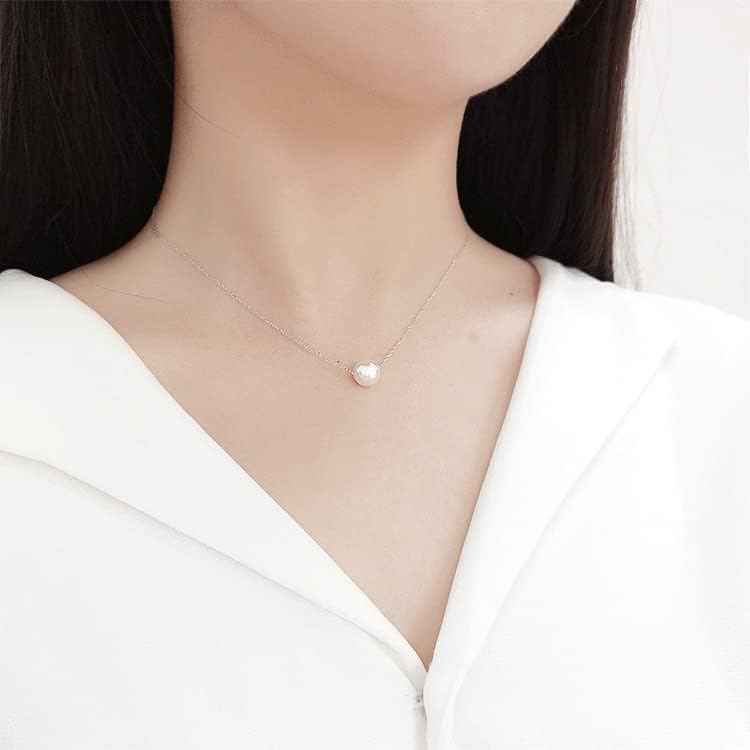 Miniatura 5 de Gargantilla flotante de plata de ley 925 con perlas de concha de 0.315in, collar de dama de honor para mujer, color blanco (CYX0009), Perla, Perla