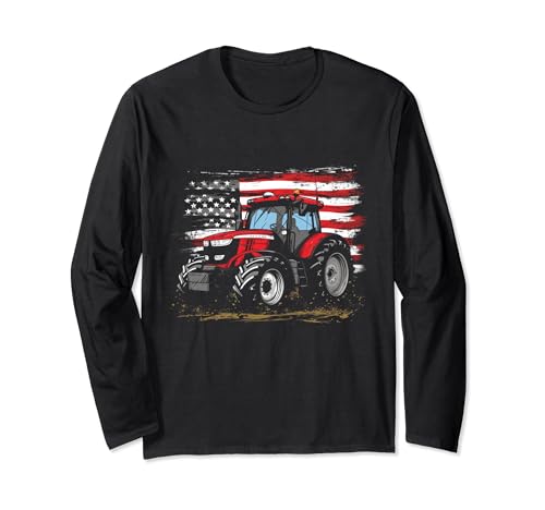 Tractor American Vintage Farm Bandera Patriotic Farmer Manga Larga