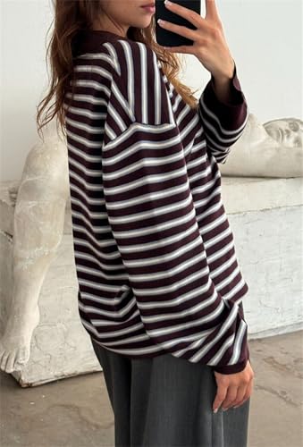 Thopavenoir Women Y2k Striped Rugby Polo Shirt Knit Vinatge Tops Long Sleeve Button Collared Neck Preppy Pullover Sweatshirt3