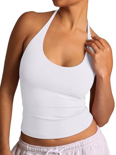 REORIA Womens Halter Tank Tops Tight Basics Tie Scoop Neck Sexy Backless Double Lined Going Out Cute Summer Slim Fitted Trendy Sleeveless Shirts White