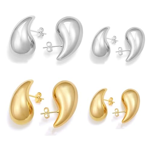 Pendientes Mujer, 4 Pares Pendientes Mujer Plata Chapado Oro Gota de Agua Plata Joyeria Acero Inoxidable, Chapado Aretes de Aro Gruesos de Oro, Forma de Aros Abiertos Huecos Ligeros, Joyería de Regalo