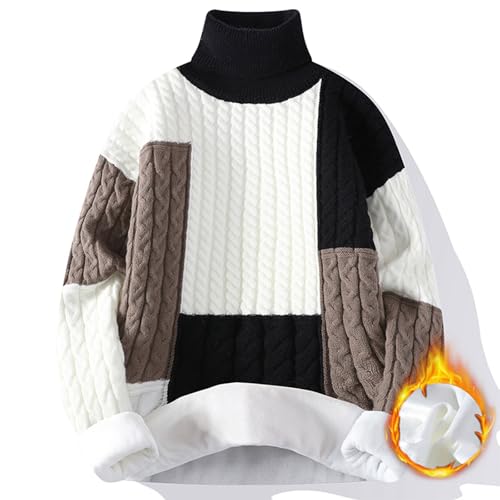 Turtleneck Sweater Men Ribbed Chunk Knit Pullover Color Block Casual Loose Jumper Tops Long Sleeve Soft Warm Sweaters