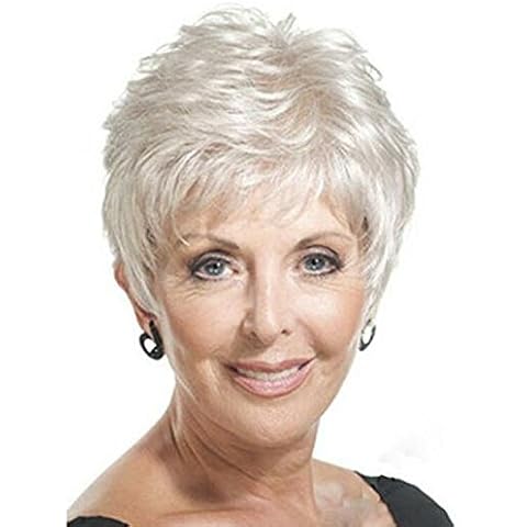Royalfirst Short White Wigs for Women Synthetic Layered Curly Pixie Wig with Bangs Natural Looking Daily Costume Ladies Wig Cover