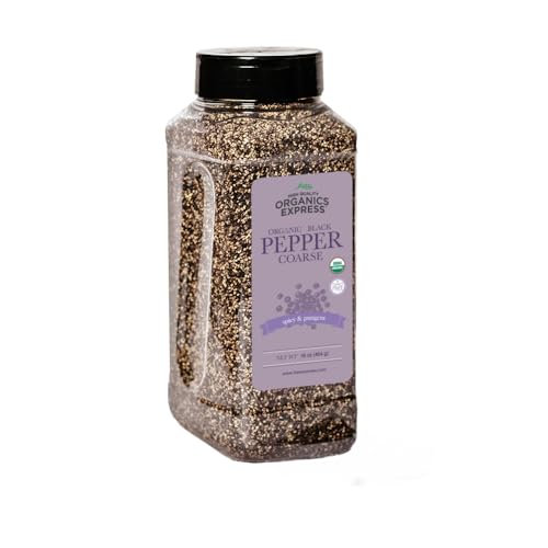 HQOExpress Organic Coarse Ground Black Pepper - Restaurant Style for Cooking - USDA Certified Organic - Non-GMO - Sustainably Grown - 16 oz. Chef Jar