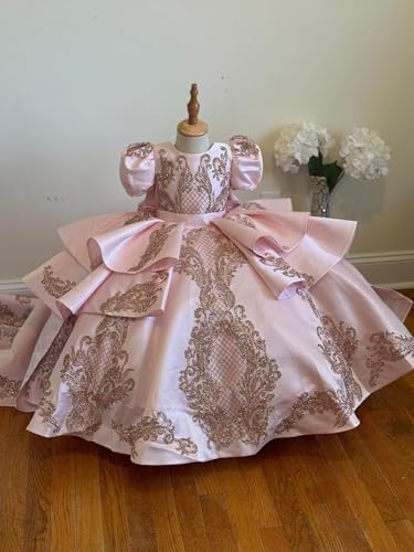 Vintage Gold Embellishment Mini Quinceanera Prom Pageant Dresses for Little Girls Toddler Cupcake Long Train4