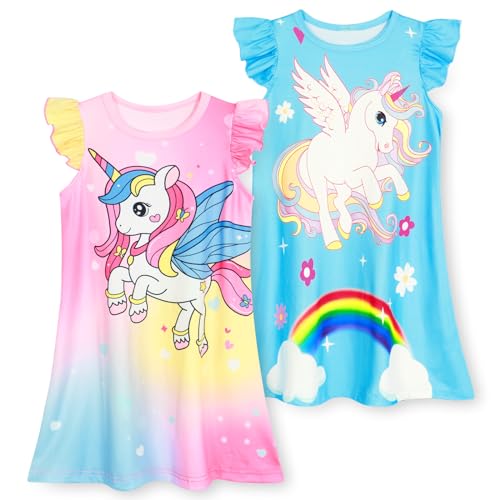 WonderBabe 2Pcs Girls Nightgowns Unicorn Pajamas Toddler Nightgown Sleepwear Flutter Short Sleeves Night Gowns for Kids