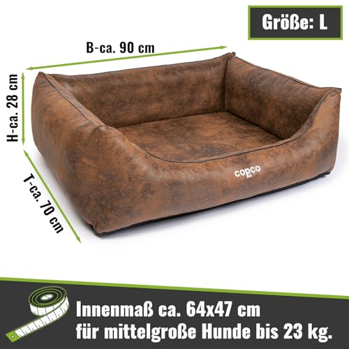 CopcoPet Hundebett mittelgroße Hunde【waschbar & rutschfest】 Hundekorb L Kunstleder in Wildlederoptik, gelenkschonendes Hundekissen für drinnen, pflegeleichtes Hundesofa, Dog Bed in Braun 90 x 70cm