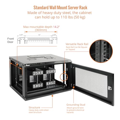Image of Tecmojo 6U Wall Mount Rack Network Cabinet for 19 inch IT Equipment,with Lockable Mesh Door and Side Panels,Cooling Fan,450mm Depth (Standard 6U /450mm Deep), Mesh /Black