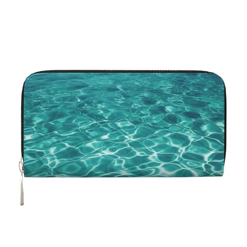Blue Aqua Pool Water Leather Wallet For Women Girl, Zip Around Credit Card Holder Long Pu Wallet Clutch Purse Waterproof Travel Handbag