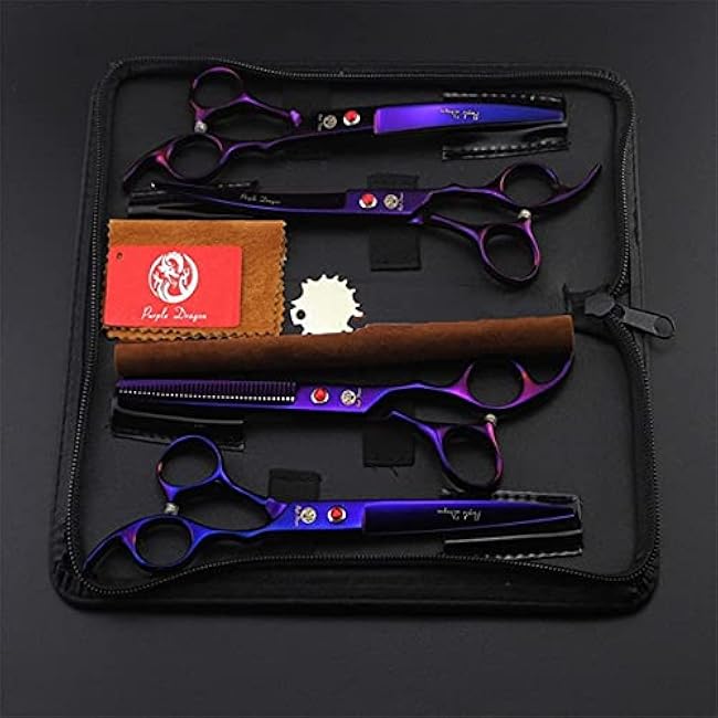 Purple Dragon Professional 7.0 inch 4PCS Pet Grooming Scissors Kit Japan Premium Steel Straight & Curved & Thinning Blade Dog Hair Cutting Shears Set with Case-TTgu5AxB