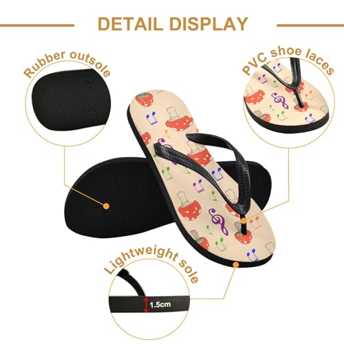 Mushroom Music Note Beige Flip Flops for Beach Thong Sandals Anti-slip Lightweight Shower Shoes for Summer Travel Swim3