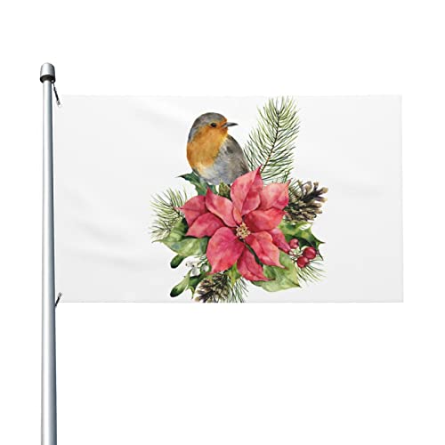 Bandera ligera de doble cara, bandera floral de hojas de acebo de pájaros, 3 x 5 pies con ojales de metal, decoración de jardín al aire libre