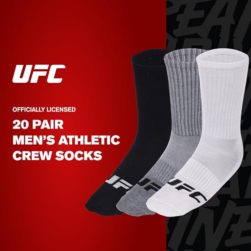 Concept One UFC Socks, 20 Men's Athletic Crew Sock Pairs, Multicolor, 6-12 US2