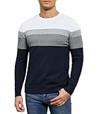 Genfien Jersey de Cuello Redondo de Manga Largas Hombres Suéter de Punto Raya Básico Ligero Pullover 100% Algodón Otoño Invierno
