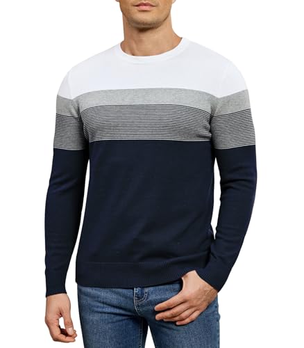 Genfien Jersey de Cuello Redondo de Manga Largas Hombres Suéter de Punto Raya Básico Ligero Pullover 100% Algodón Otoño Invierno