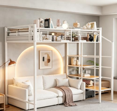 Image of Bellemave Twin loft Bed with Storage Stairs and Upper Grid Storage Shelf, Metal Twin Loft Bed Frame for Adults, Kids, Teens, White