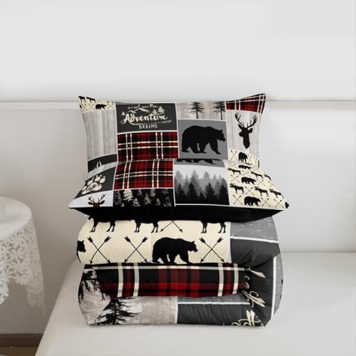 Rustic Deer Bear Quilt For Boys, Rustic Lodge Patchwork Comforter Set Full Size, Vintage Woodland Animal Duvet Insert Adventure Camping Buffalo Plaid Bedding Set Farmhouse Decorations, Gray Black by Erosebridal - Used condition - Image 7