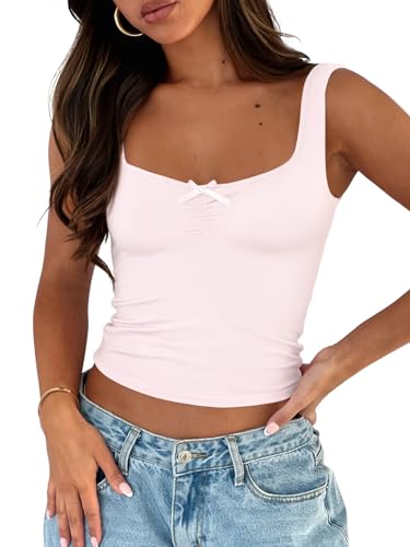 Trendy Queen Summer Tops for Women Going Out Teen Girls Cute Crop Tank Top Y2K Basic Bow Clothes Square Neck 2025 Camisole