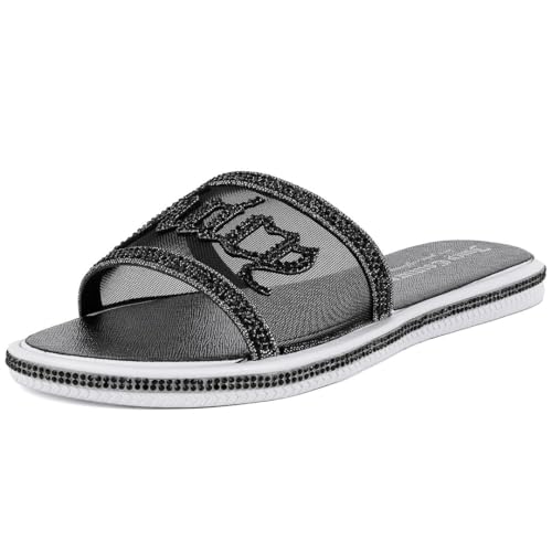 Image of Juicy Couture Women's Slide Sandals - Glitter Bling Open Toe Sparkle Flats - Dressy Summer Casual Footwear