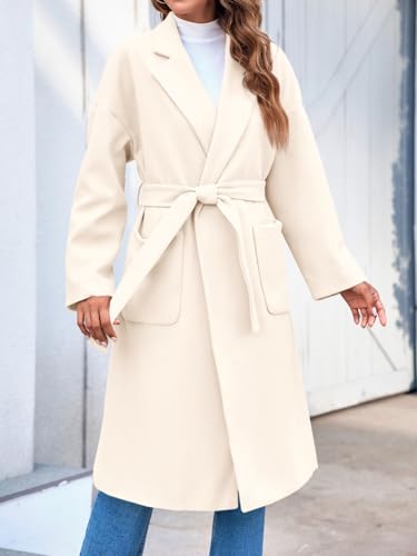 FSHAOES Womens Lapel Collar Pea Coat Open Front Overcoat Belted Long Jacket Outerwear3