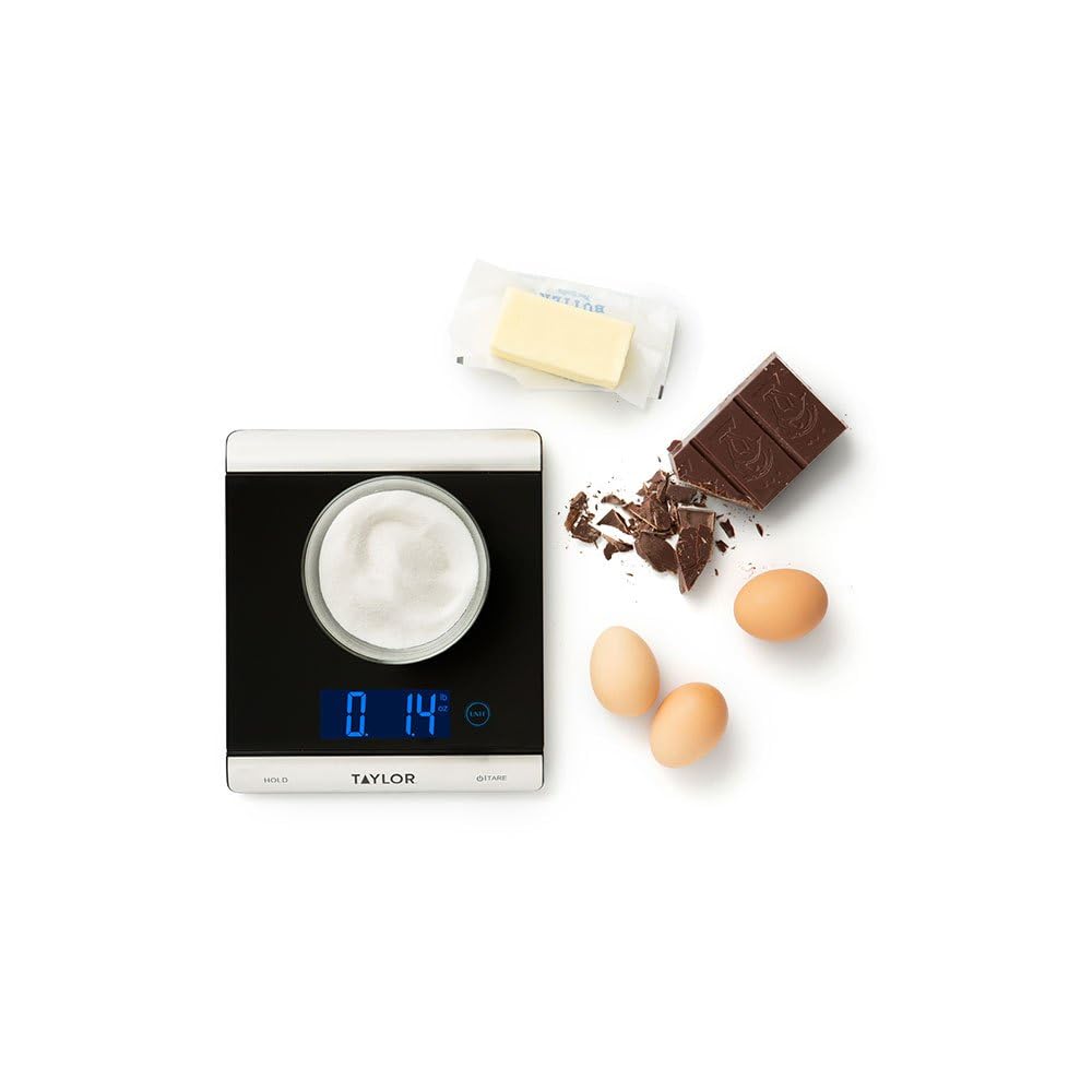 Taylor Pro, Digitale Küchenwaage für Lebensmittel mit Ultrahoher Kapazität, Professioneller Standard, mit Hoher Präzision und Genauigkeit sowie Tara-Funktion, Schwarzglas, Wiegekapazität 15 kg