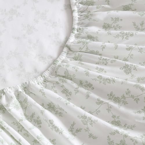 Image of Laura Ashley - Queen Size Sheet Set, Soft Cotton Sateen Bedding with Matching Pillowcases, Fully Elastic Fitted Sheet, Deep Pocket, Floral Room Decor, Silky Smooth All-Season Comfort (Fiona Green)
