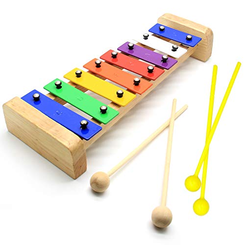 CELEMOON Natural Wooden Toddler Xylophone Glockenspiel For Kids with Multi-Colored Metal Bars Included Two Set of Child-Safe Wooden Mallets (8-tone)