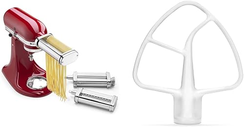 KSMPRA Stand Mixer Attachment Pasta Roller & Cutter, 3-Piece Set, Stainless Steel & K45B Coated Flat Beater, White, 4.5 Qt