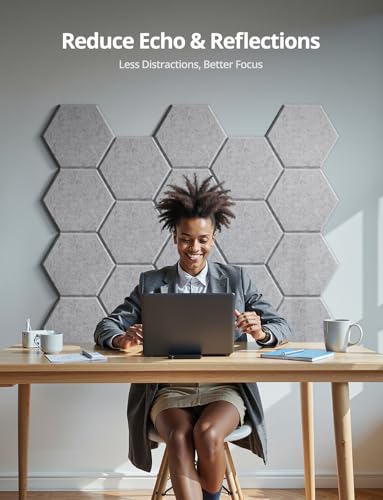 Image of Hexagon Acoustic Wall Panels Self-Adhesive, 12 Pack Sound Absorbing Tiles for Walls & Doors, Decorative Peel & Stick Interior Panel for Studio, Home Office, Gaming Room, 12 inchx10 inchx0.4 inch, Gray