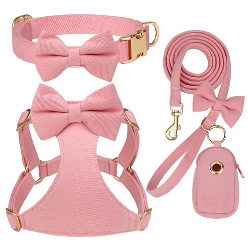 Beirui Adorable Small Dog Harness Collar and Leash Set,Cute Puppy Harness Set with 3 Bows for Small Dogs,Shih Tzu,Dachshund,Adjustable Step-in Vest for Daily Walking,Parties&Holiday Outfits(Pink,S)