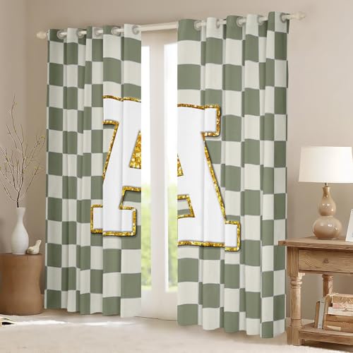 Image of Erosebridal Sage Green Checkered Blackout Curtains for Bedroom Living Room Plaid Initial A Window Curtains 2 Panels 42 inch Wx90 L Personalized Monogram Drapes,Grids Gingham Window Treatments