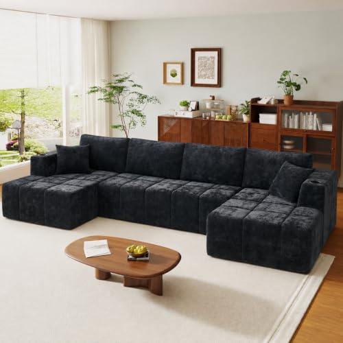 Image of KCGKCG 132 inch U Shaped Chenille Cloud Couch - No Assembly Required, Black