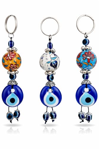 Erbulus Turkish Blue Evil Eye Keychain with Flower Patterned Ceramic Ball - Gift for Men or Women Set of 3 (Ceramic)