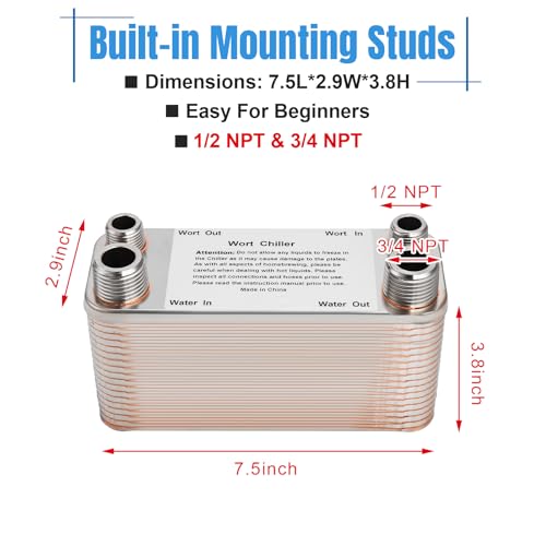 Image of Wort Chiller, 40 Plate Stainless Steel Brazed Plate Heat Exchanger, 1 /2 NPT & 3 /4 NPT Thread Plate Wort Chiller for Homebrew, Beer Brewing Chiller Wort Cooler -7.5 inch x 3.8 inch